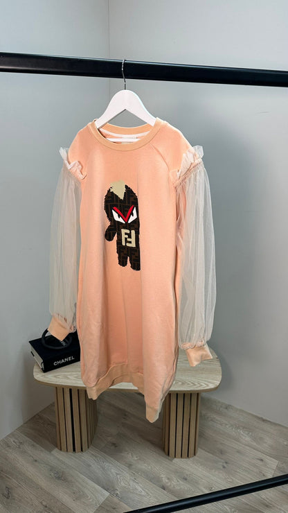 Kids Fendi Peach Sheer Tulle Sleeve Embroidered FF Monster Jumper Dress – Age 12