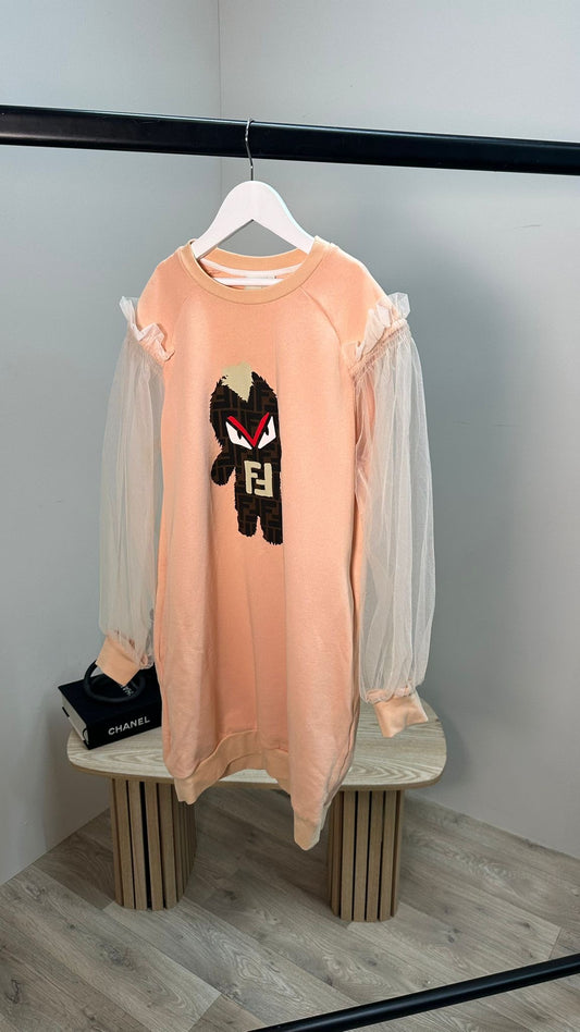 Kids Fendi Peach Sheer Tulle Sleeve Embroidered FF Monster Jumper Dress – Age 12