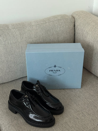 Prada Black Lace Up Loafers - Brand New 39/UK6