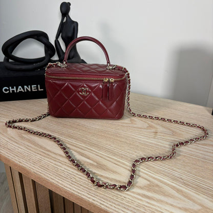 Chanel Lambskin Quilted Vanity Case with Chain in Burgundy