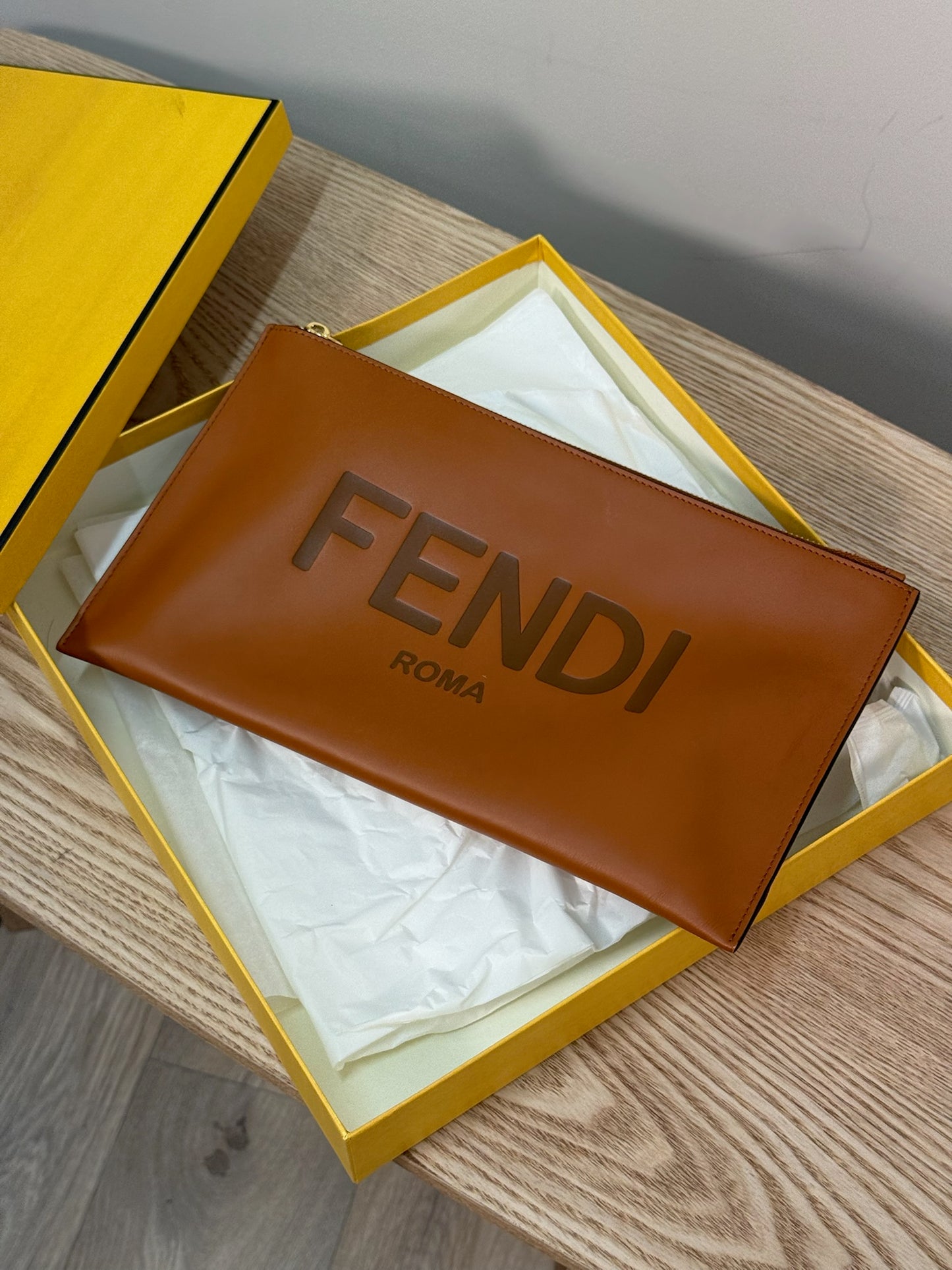 Fendi Brown Logo Flat Clutch Bag