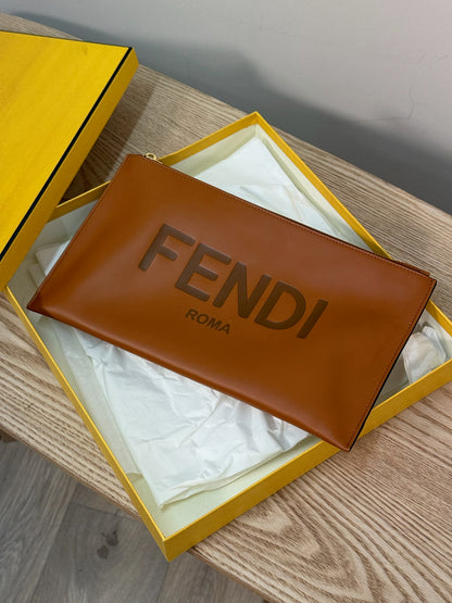 Fendi Brown Logo Flat Clutch Bag
