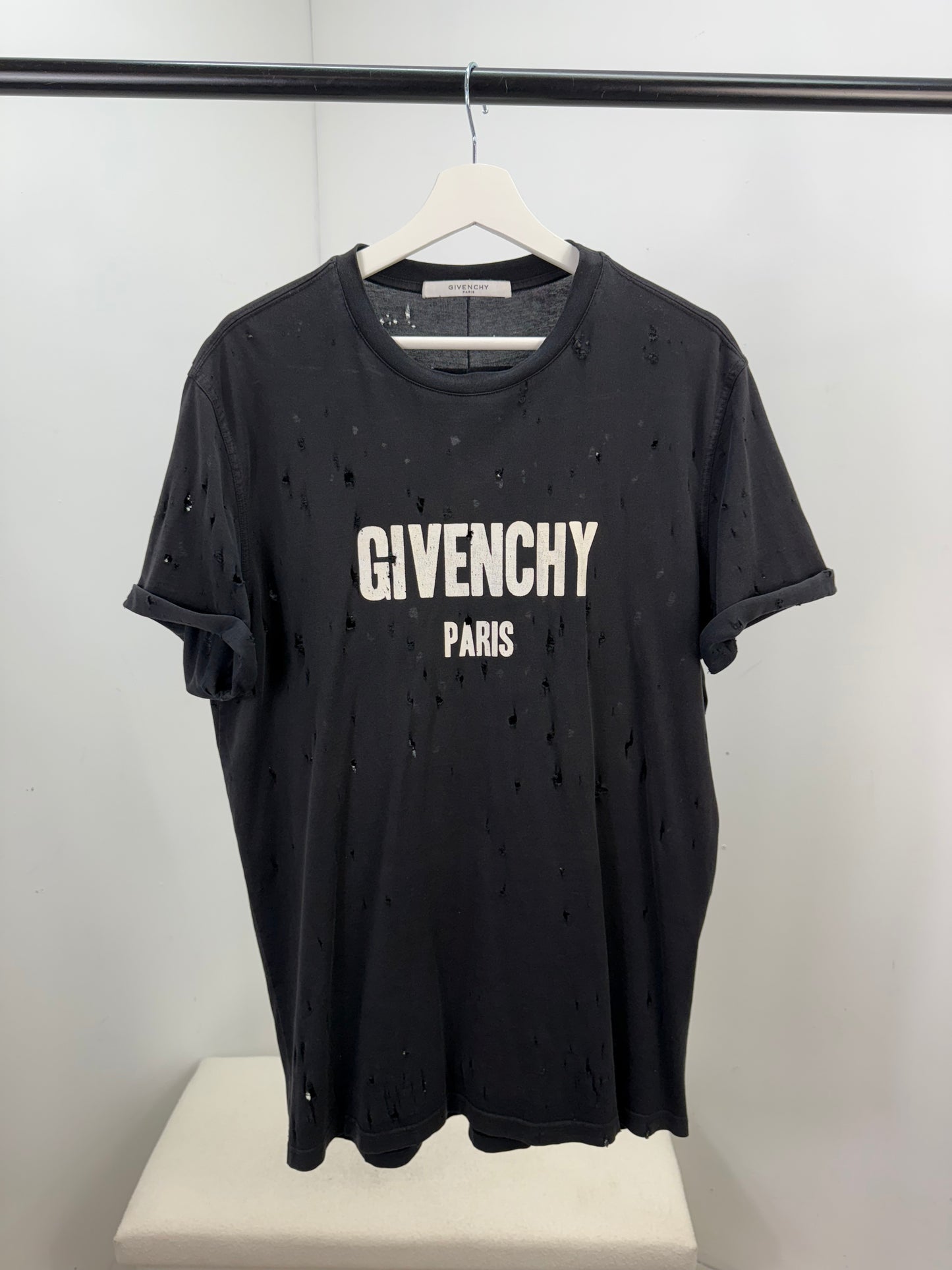Givenchy Black Distressed T-Shirt with Rolled Sleeves - Small