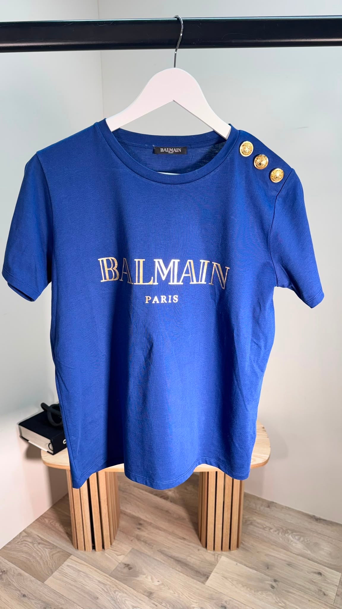 Balmain Blue Gold Logo T-Shirt With Gold Buttons – IT 38