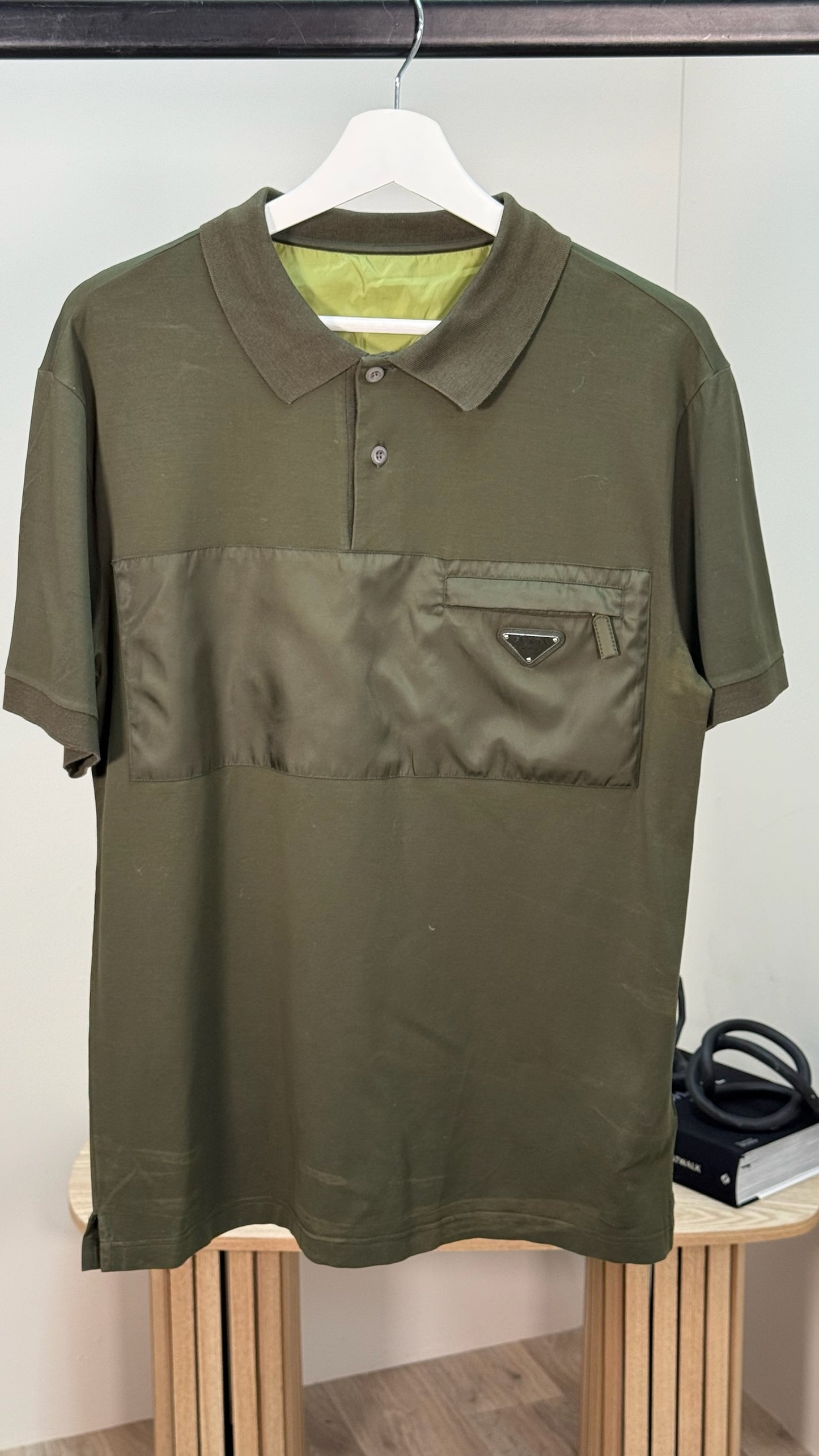 Prada Khaki Re-Nylon Plaque Polo T-Shirt - XL