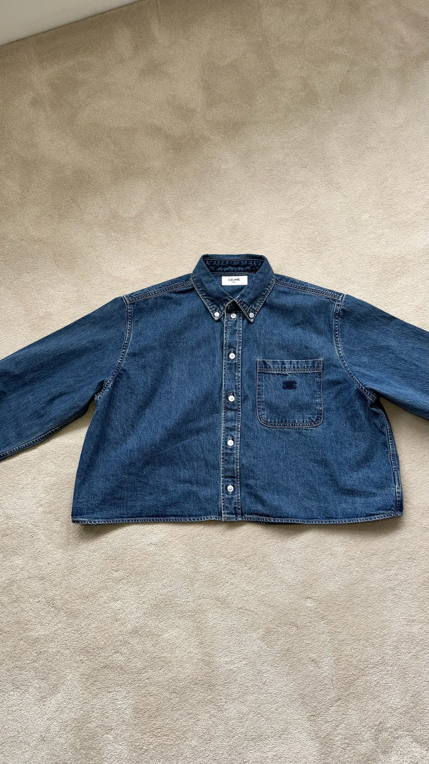 Celine Denim Cropped C Celine Triomphe Embroidery Shirt-New In Tags Large Fit 8/10