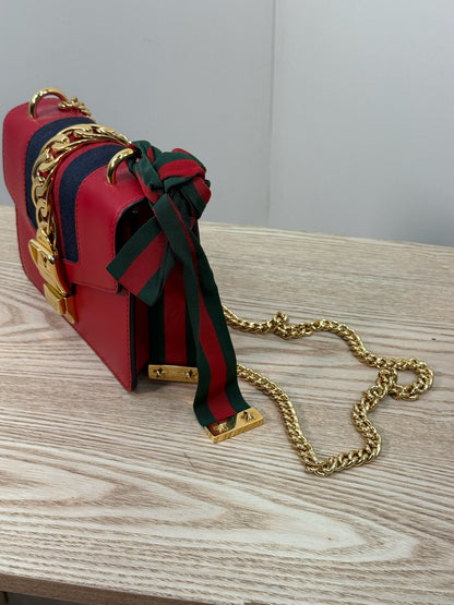 Gucci Red Sylvie Chain Crossbody Leather Handbag - One Size