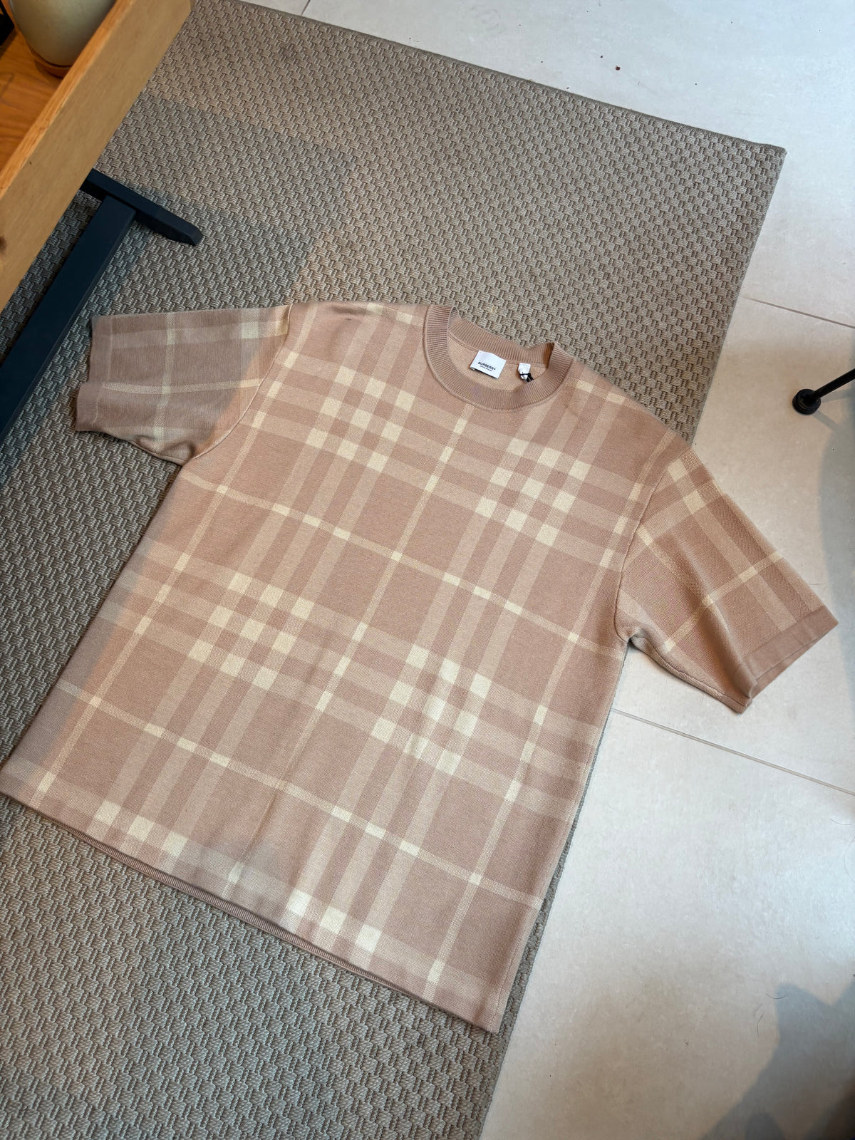 Burberry Beige Check Knit Short Sleeve Jumper – New In Tags Large