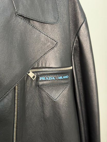 Prada Black Leather Silver Zip Biker Jacket - Size 40/M