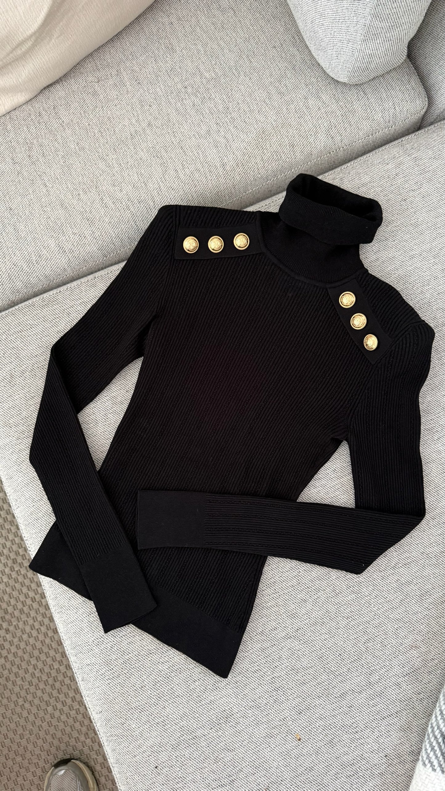 Balmain Black Coin Shoulder Long Sleeve Top-38/ UK 8