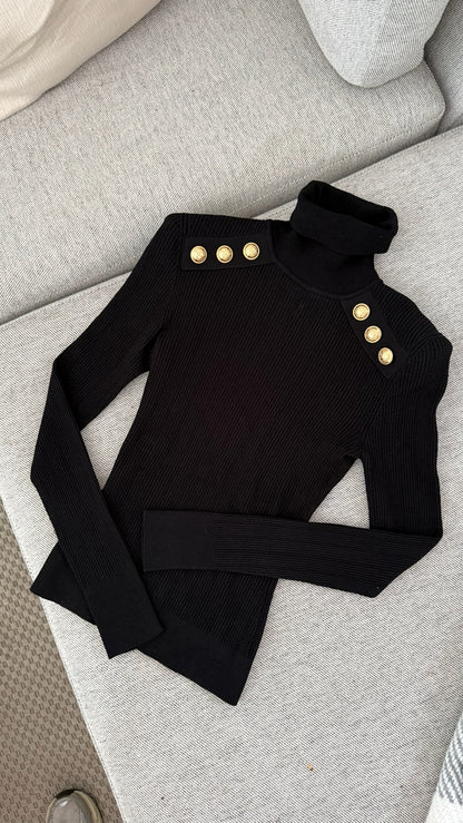 Balmain Black Coin Shoulder Long Sleeve Top-38/ UK 8
