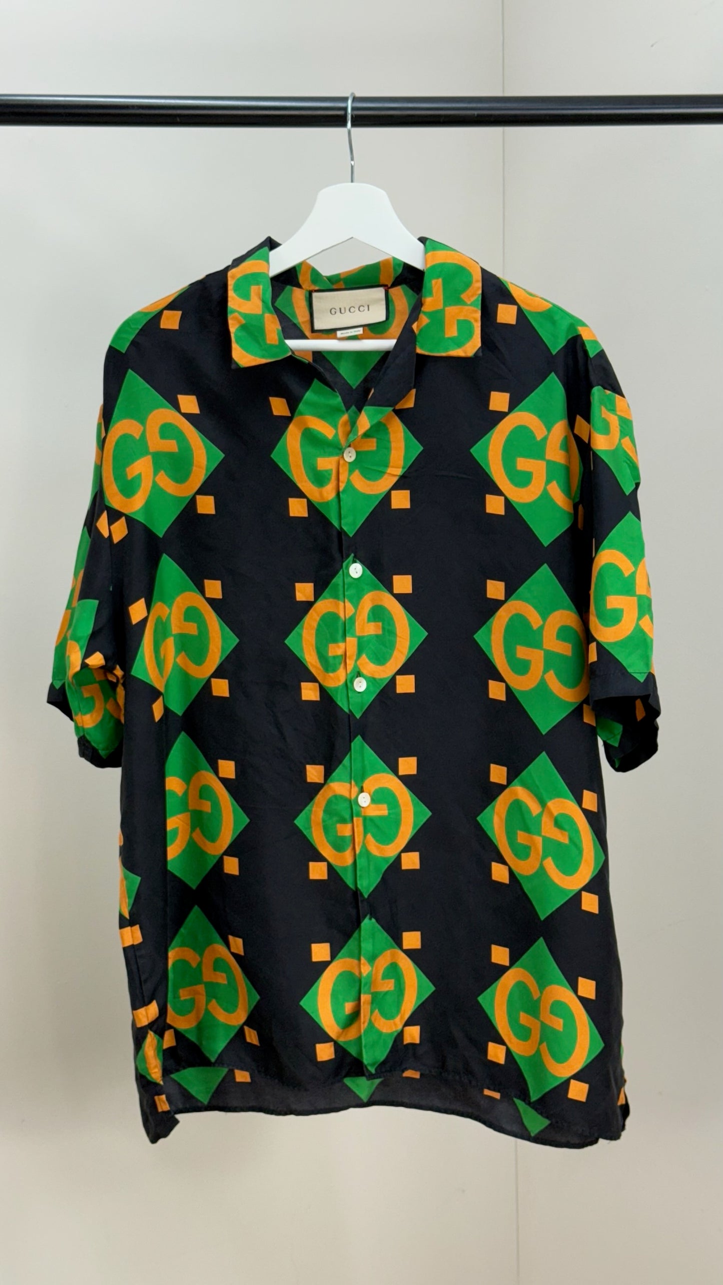 Gucci Black Green Gold GG Silk Shirt - 50