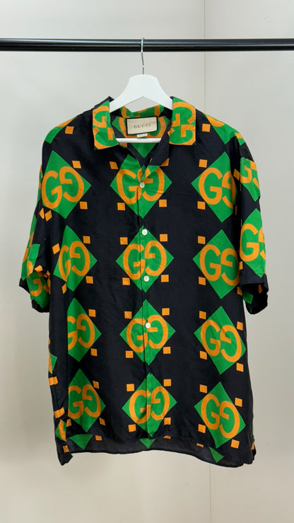 Gucci Black Green Gold GG Silk Shirt - 50