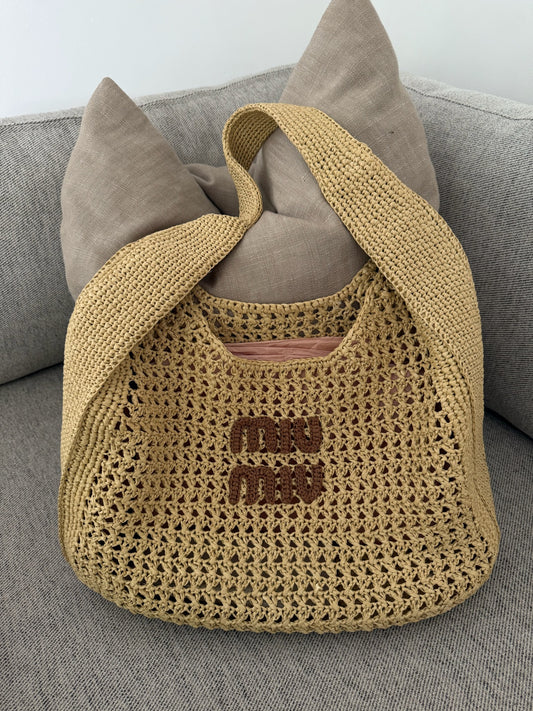 Miu Miu Beige Raffia-effect woven hobo bag , brand new