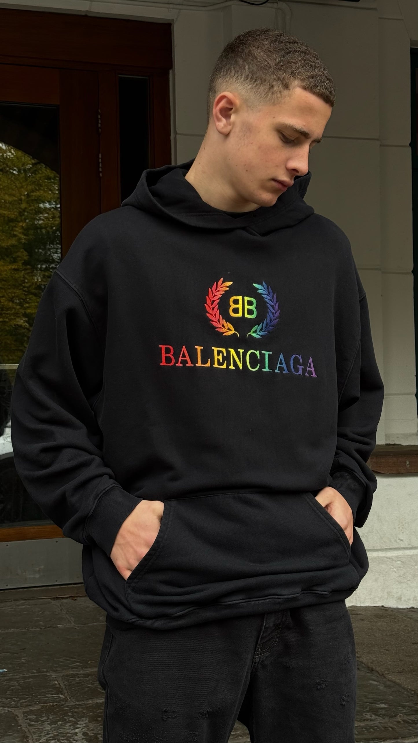 Balenciaga Black Multi Colour Logo Hoodie - Small oversize