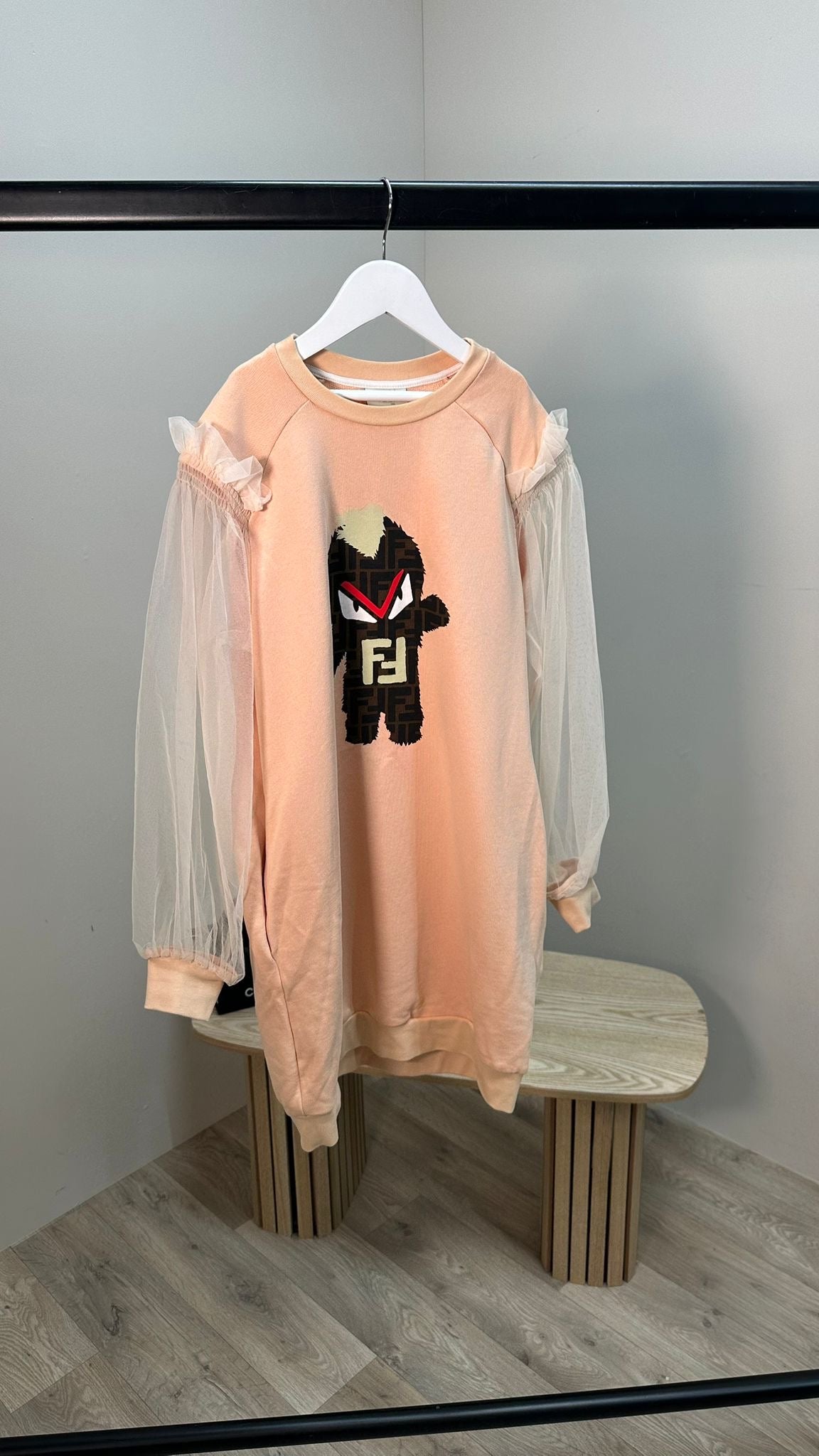 Kids Fendi Peach Sheer Tulle Sleeve Embroidered FF Monster Jumper Dress – Age 12