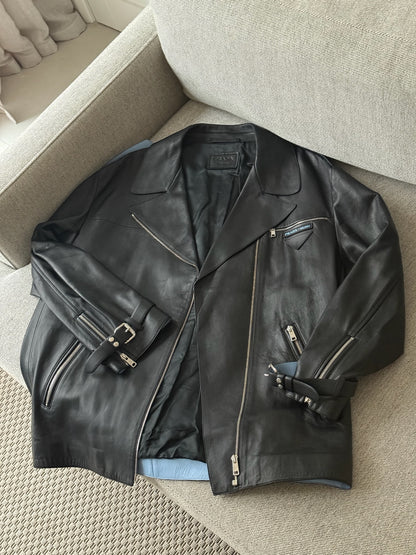 Prada Black Leather Silver Zip Biker Jacket - Size 40/M