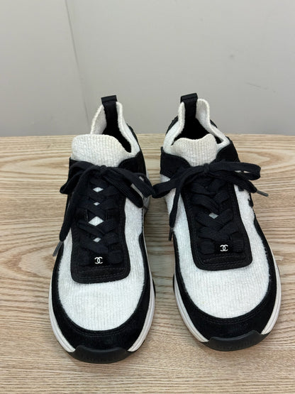 Chanel Black And White Fabric Suede Calfskin CC Trainers - UK 7