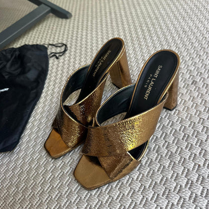 YSL Gold Cross Strap Slip-On Heeled Sandals – EU 38 / UK 5