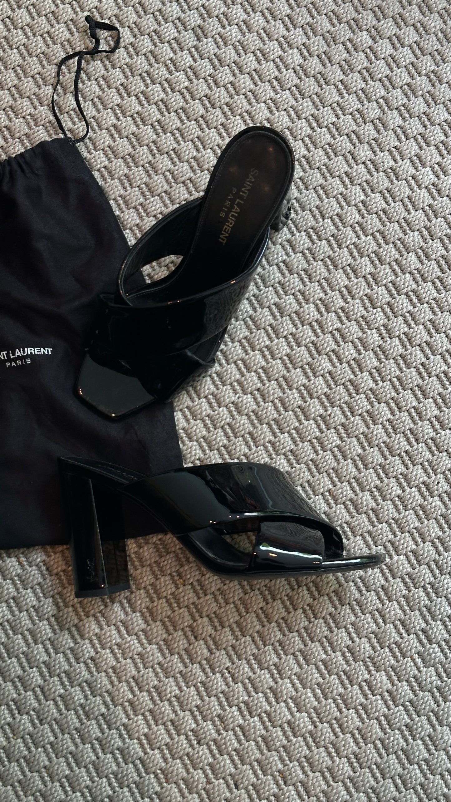 YSL Black Loulou Patent Cross Strap Slip-On Heeled Sandals – EU 38 / UK 5