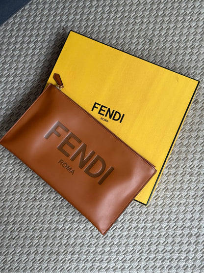 Fendi Brown Logo Flat Clutch Bag