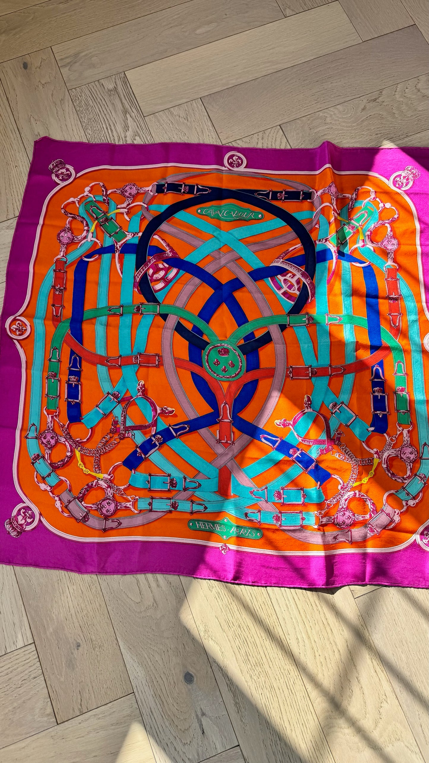Hermès Pink Orange Foulard Cavalcadour Silk Scarf – 90 x 90 cm