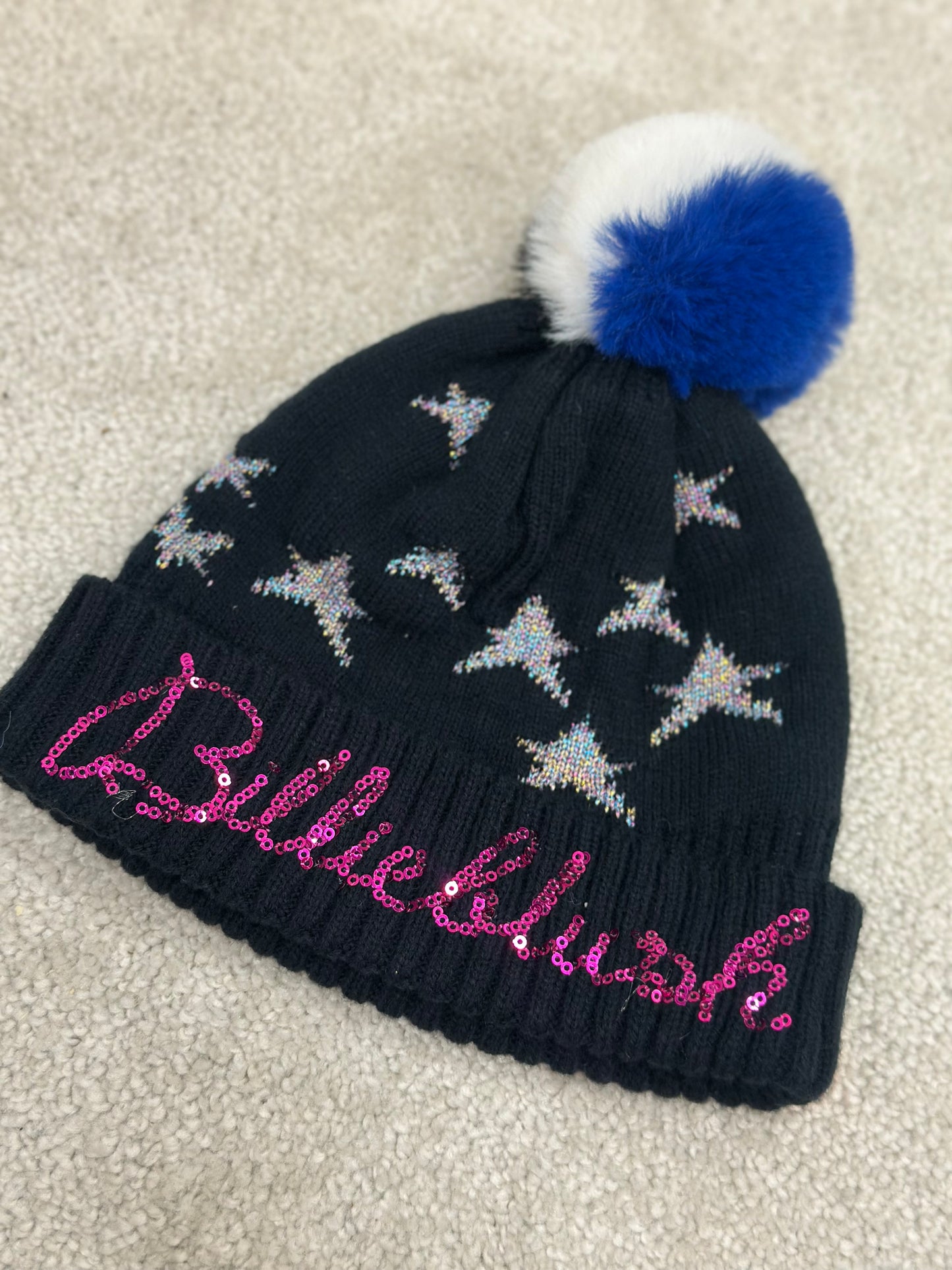 Kids Billie Blush Black Star Sequin Bobble Hat - Age 8/10