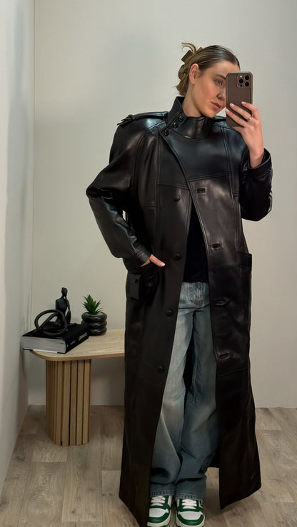 Saint Laurent Biker Leather Smooth Black Trench Coat - New In Tags FR 38/S-M