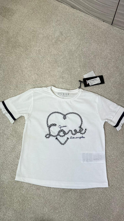 Kids Guess White Black Logo Heart T-Shirt, In Tag - Age 5