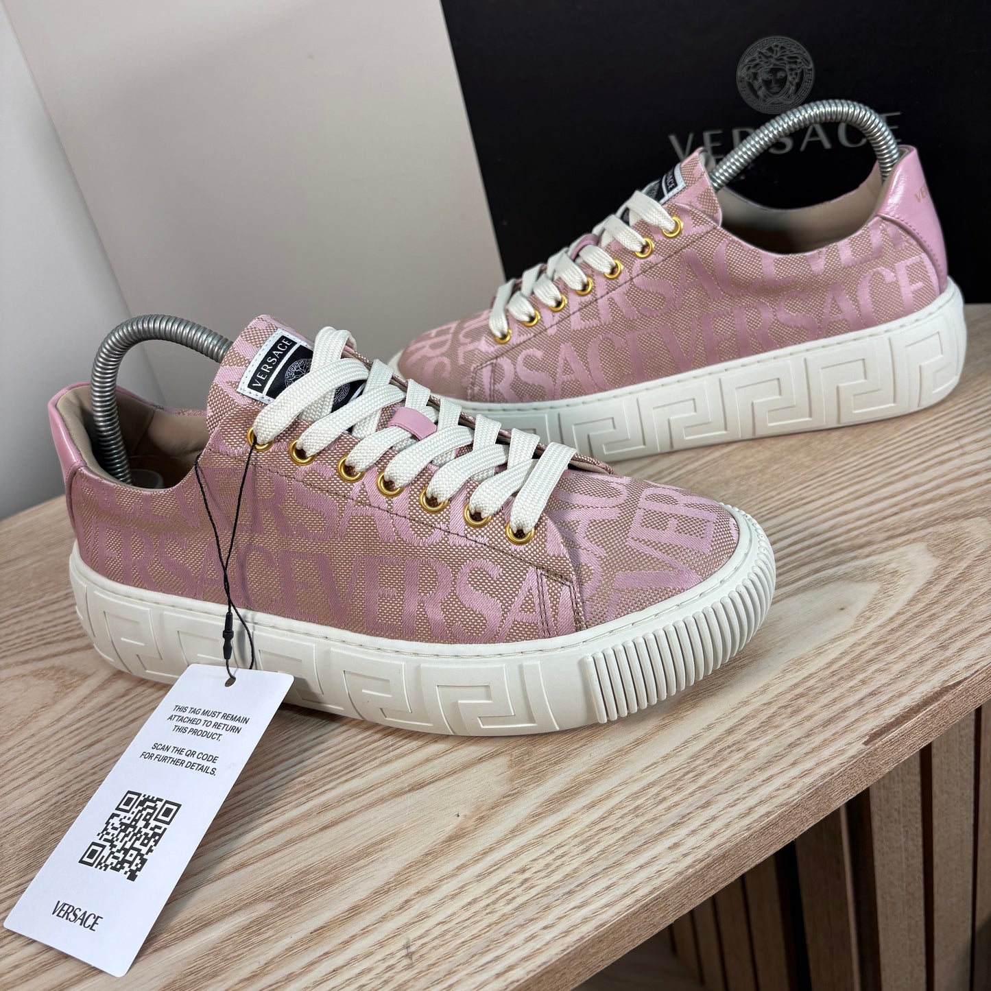 Versace Pink Greca Allover Canvas Trainers – Brand New In Box EU 38 / UK 5