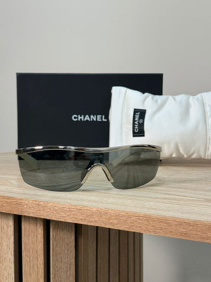Chanel Metallic Silver Shield Sunglasses - One Size
