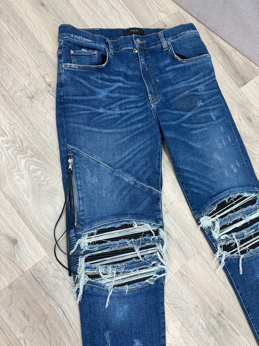 Amiri Blue Denim Distressed Knee with Side Zip Jeans - 33