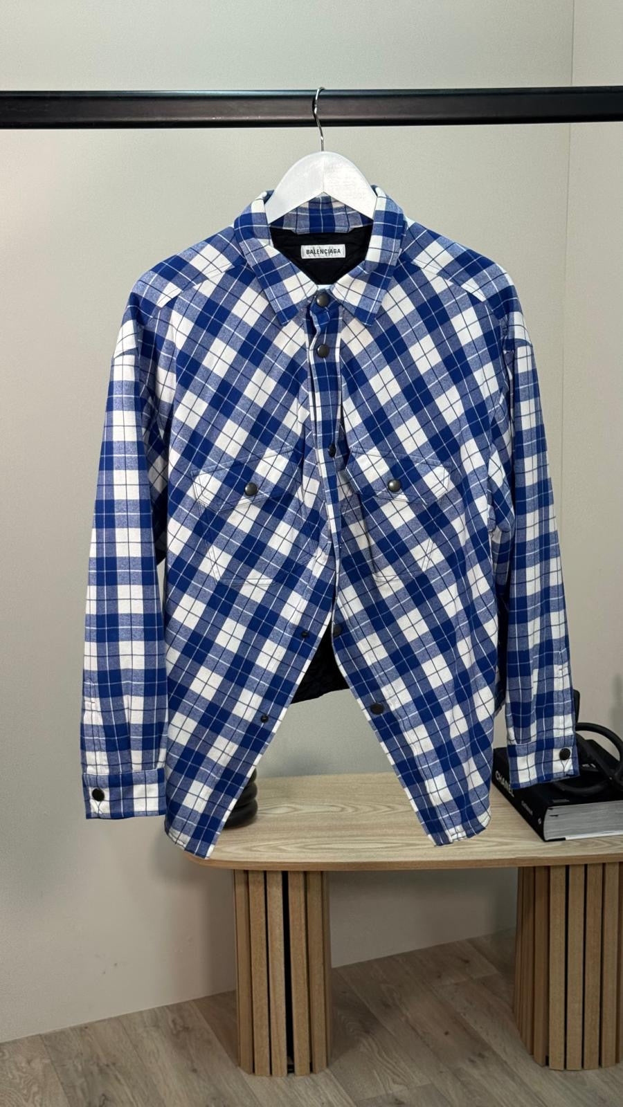 Balenciaga Blue White Checked Swing Quilted Jacket - size 34-SMALL