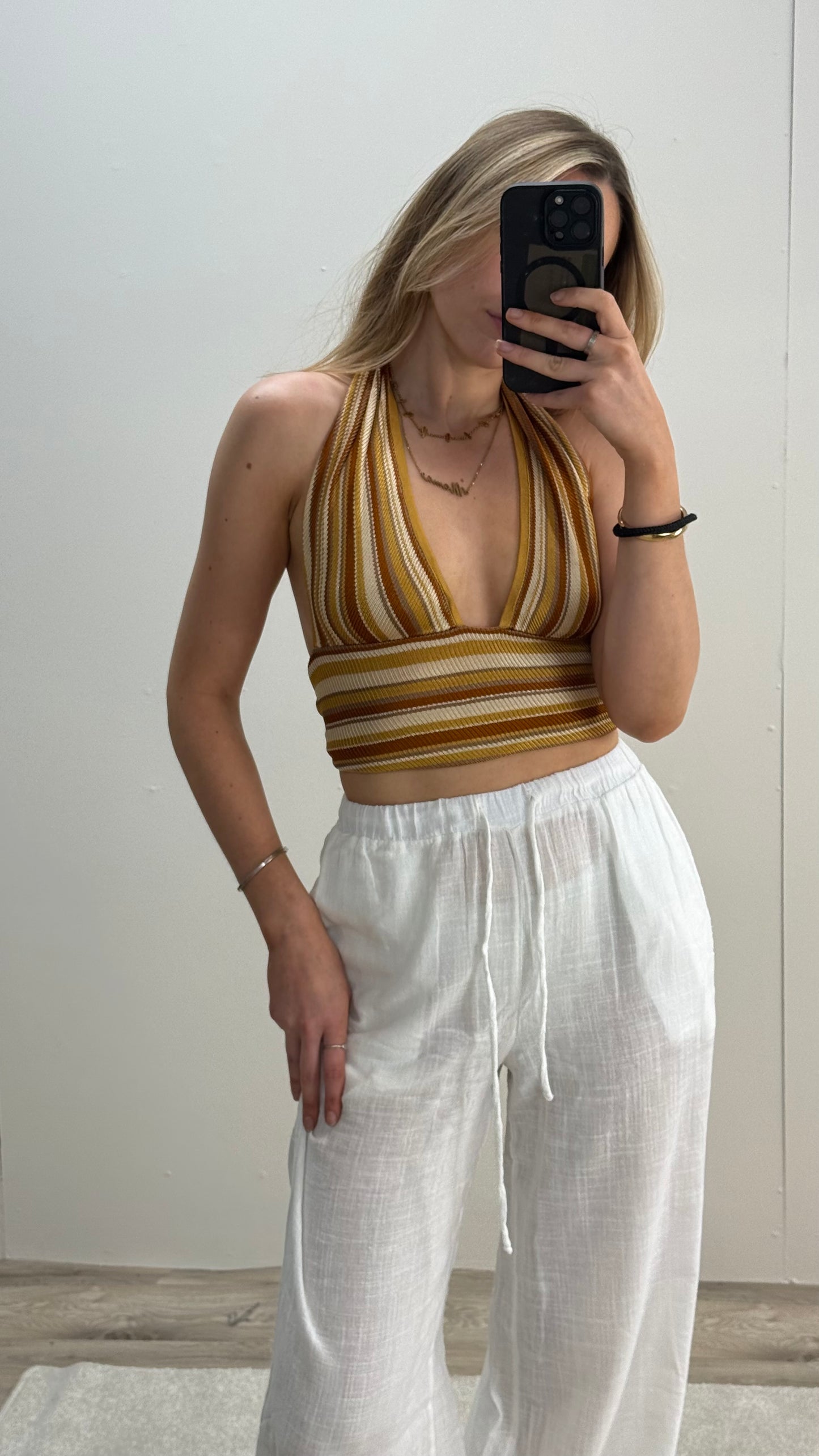 KUKHAREVA Brown Stripe Tie Neck Top , XS