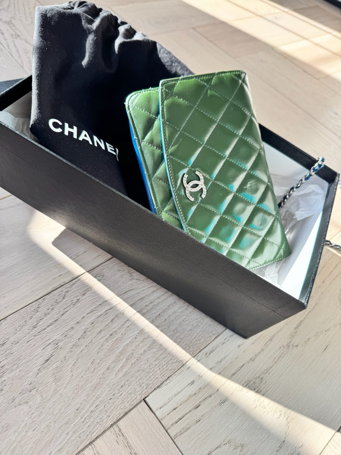 Chanel Green Quilted Patent Chanel Wallet On Chain