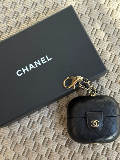 Chanel Black CC Apple Airpods Case On Chain Quilted Caviar Leather - One Size