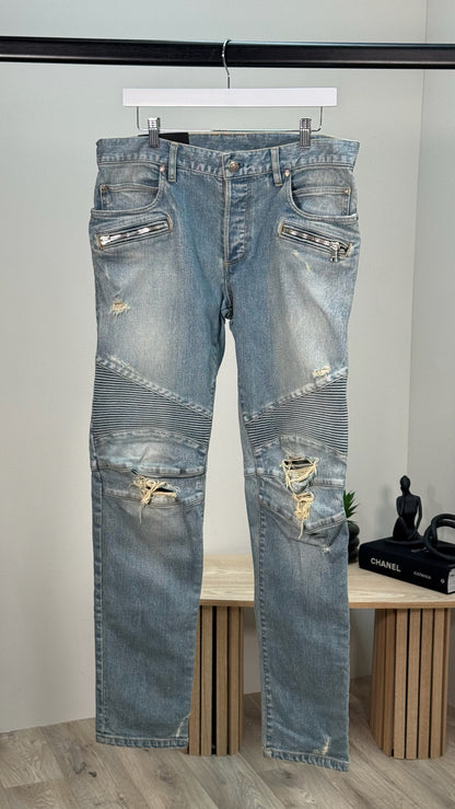 Balmain Men's Distressed Biker Tapered Jeans In A Light Blue Wash - 32 waist