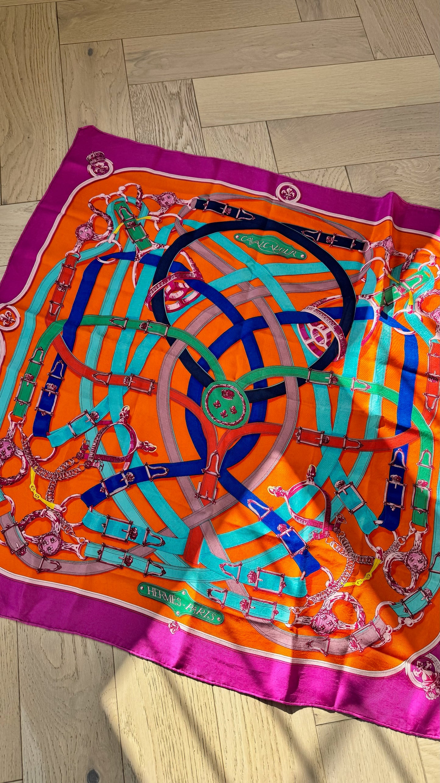 Hermès Pink Orange Foulard Cavalcadour Silk Scarf – 90 x 90 cm