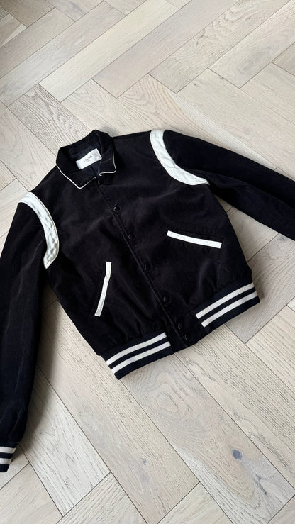 Celine Black & White Teddy Satin-Trimmed Cotton-Corduroy Varsity Jacket –48