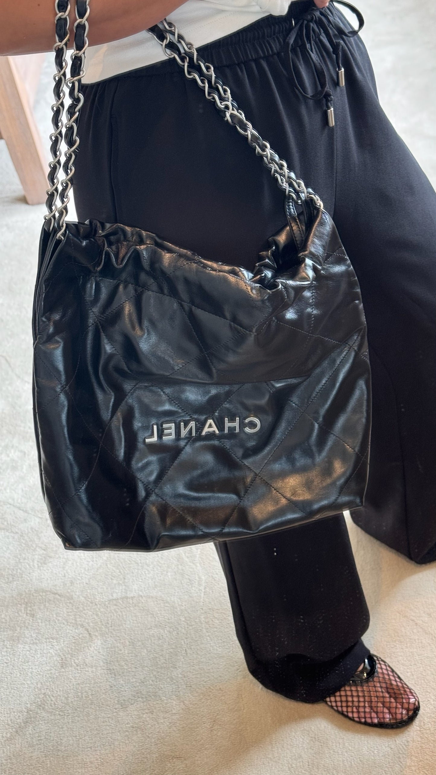 Chanel 22 Tote Quilted Diamond Stitched Hobo Bag with Brushed Silver Hardware. As New