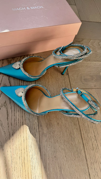 Mach & Mach Mach & Mach Crystal Heart Pointed Toe Pumps Blue Satin – EU 40/UK7