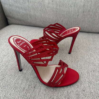 René Caovilla Red Crystal Embellished Mule Heels – EU 35.5 / UK 2.5