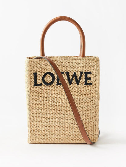 Loewe Cross Body Rafia Tote Small in Brown Leather.