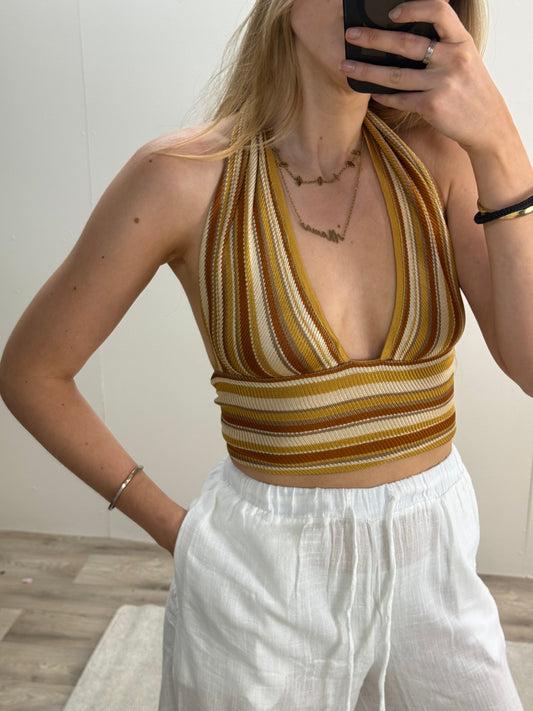 KUKHAREVA Brown Stripe Tie Neck Top , XS