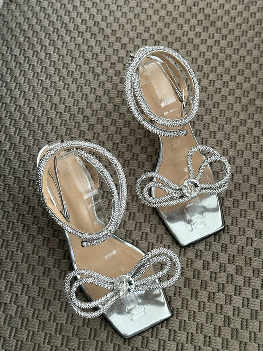 Mach & Mach Silver Sequin Diamanté Bow Heels - UK 6.5 - Suited for UK 4.5