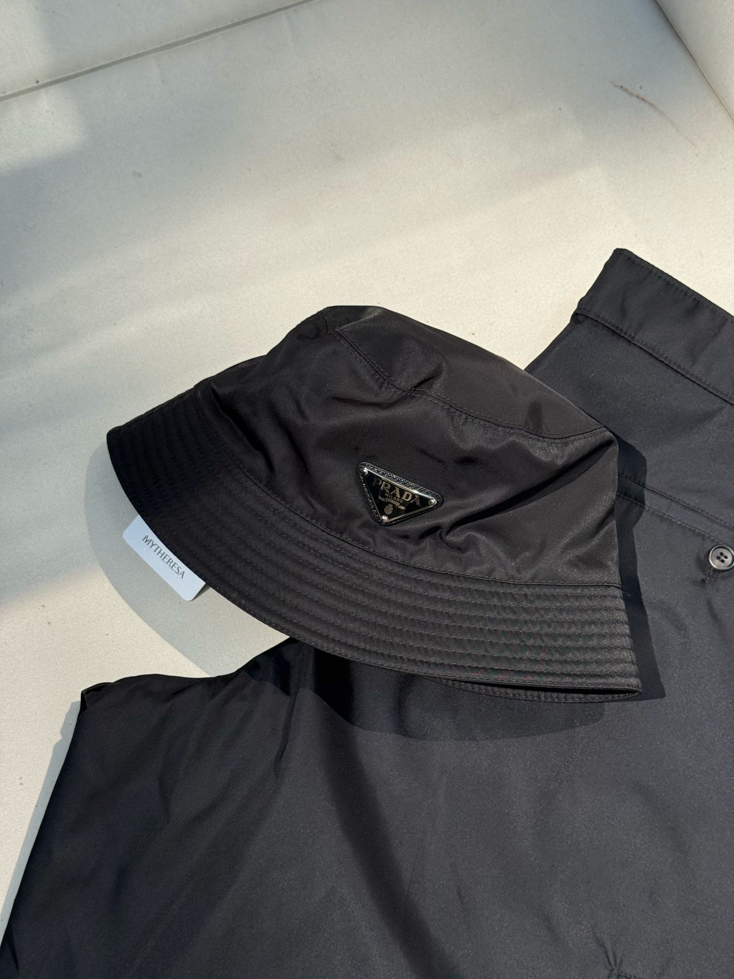 Prada Black Re-Nylon Plaque Bucket Hat - Large In Tags