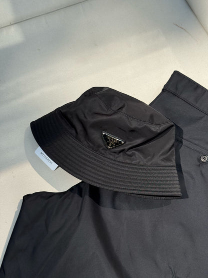 Prada Black Re-Nylon Plaque Bucket Hat - Large In Tags
