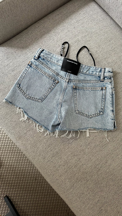 Alexander Wang Blue Denim Thong Diamonte Badge Shorts-Brand New In Tags XXS