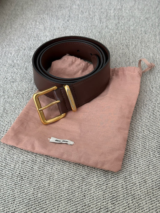 Mui Mui Brown Gold Buckle Logo Belt-32