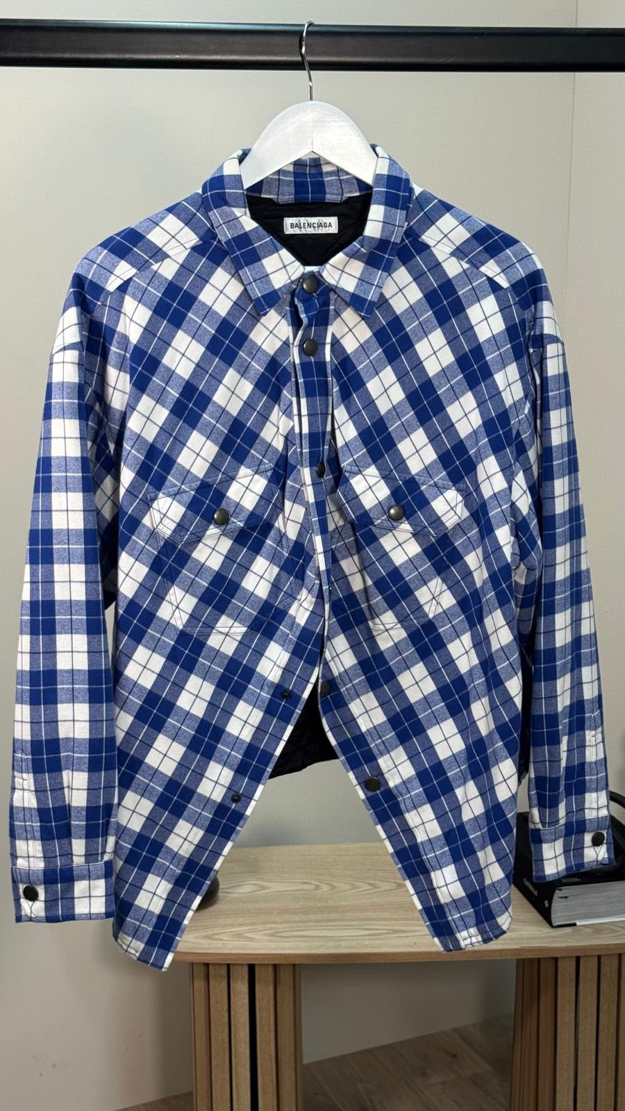 Balenciaga Blue White Checked Swing Quilted Jacket - size 34-SMALL